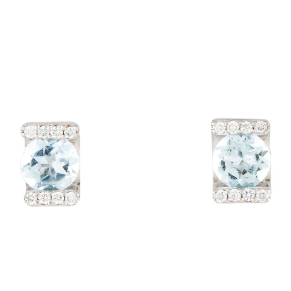 14K WHITE GOLD AQUAMARINE & DIAMOND STUD EARRINGS